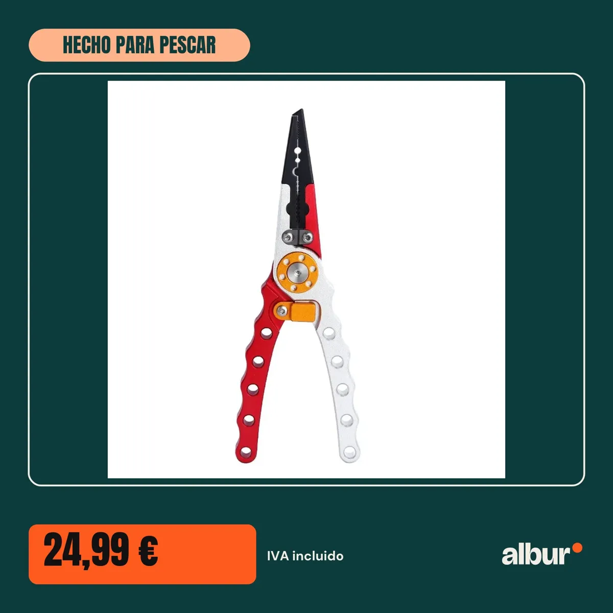 Alicates de pesca de aluminio con funda, rojo y plata